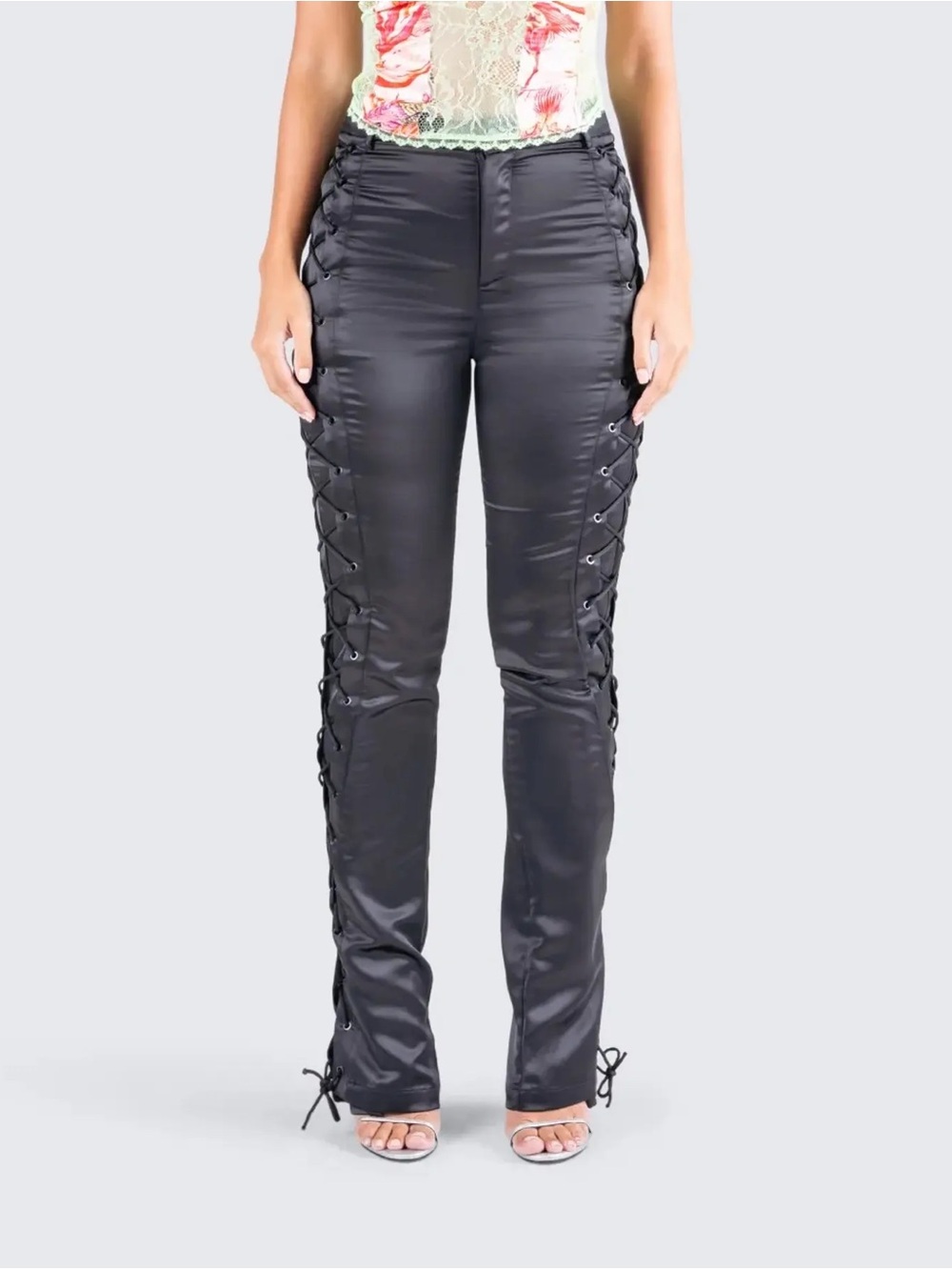 Finesse Women’s Black Satin Lace-Up Side Pants